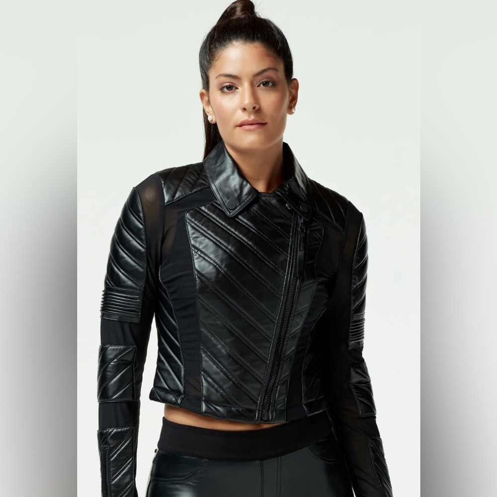 Blanc Noir Genuine Leather Moto Drop Jacket S Black Lace Sheer Panels